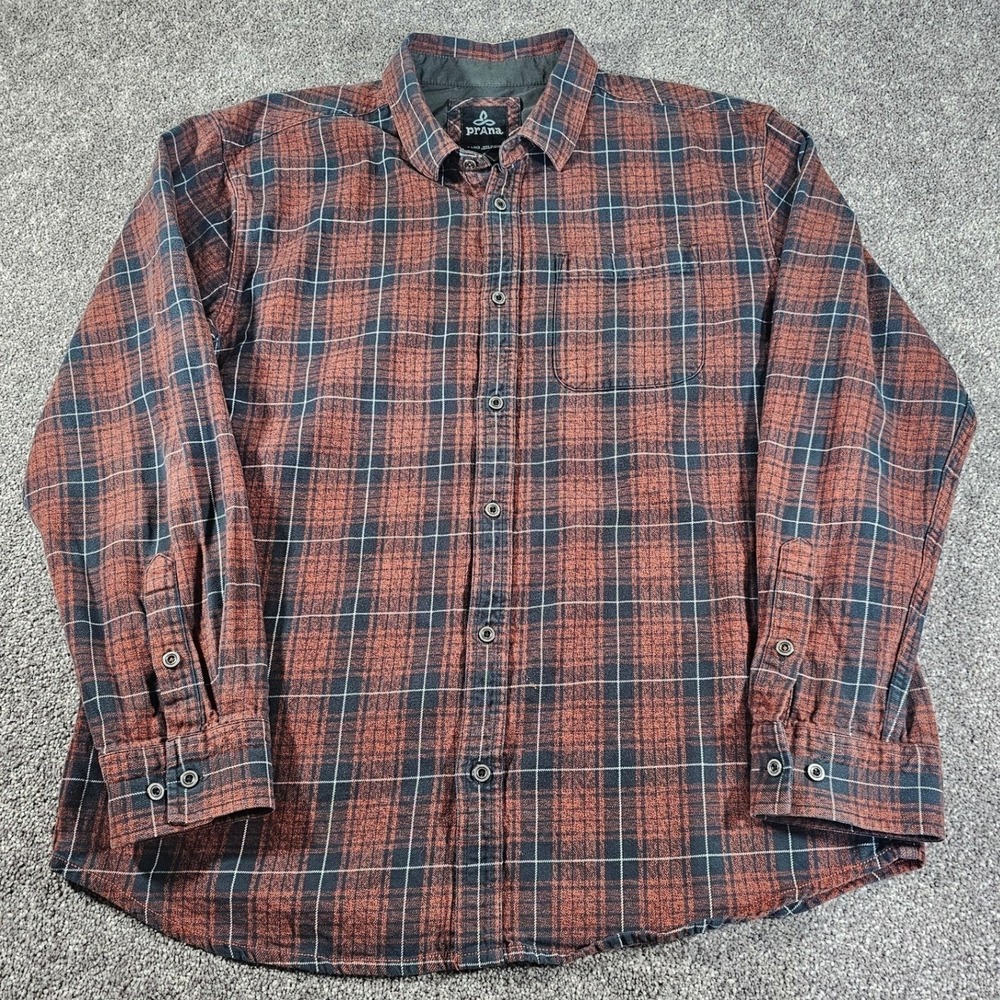 prAna Flannel Shirt Mens XL Rust Blue Plaid Organic Cotton Button Down M2WOOD315 - Picture 4 of 12